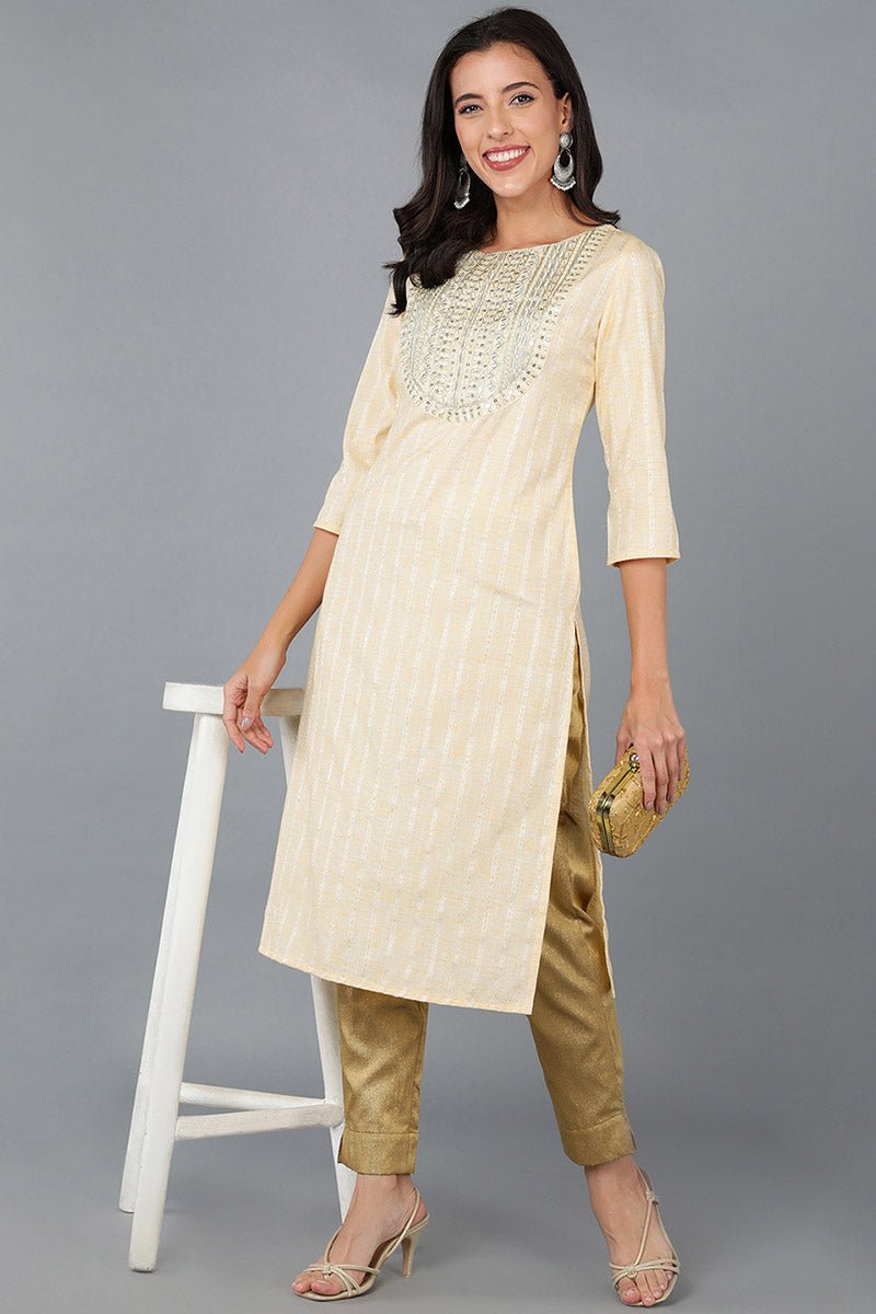 Ahika Yellow Cotton Striped Yoke Design Straight Kurta - Distacart