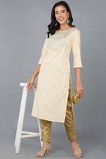 Thumbnail for Ahika Yellow Cotton Striped Yoke Design Straight Kurta - Distacart