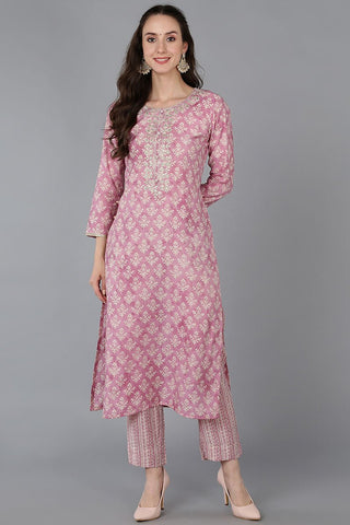 Ahika Pink Silk Blend Ethnic Motifs Embroidered Straight Kurta