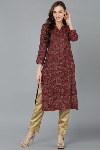 Ahika Maroon Silk Blend Paisley Straight Kurta - Distacart