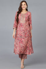 Thumbnail for Ahika Peach Silk Blend Abstract Embroidered Straight Kurta