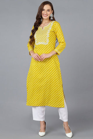 Ahika Yellow Cotton Bandhani Embroidered Straight Kurta - Distacart