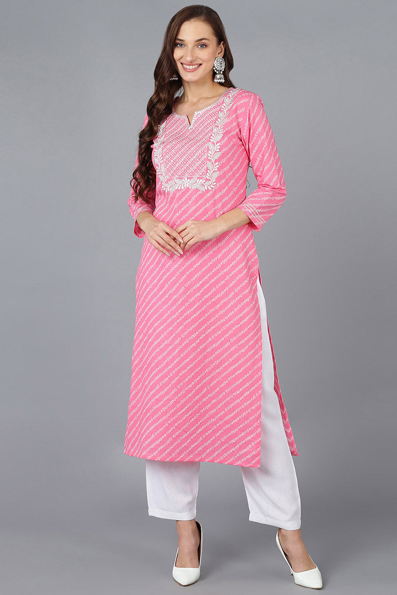 Vivaanta Fashion Pink Cotton Bandhani Embroidered Straight Kurta VCK9039 - Dista