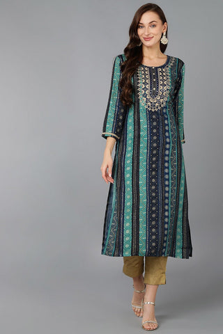 Ahika Navy Blue Viscose Rayon Geometric Embroidered Straight Kurta - Distacart