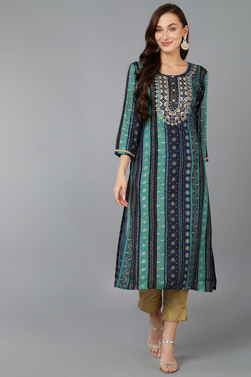 Vivaanta Fashion Navy Blue Viscose Rayon Geometric Embroidered Straight Kurta VCK9061 - Dista