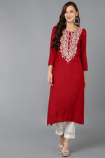 Thumbnail for Ahika Red Viscose Rayon Solid Embroidered Straight Kurta - Distacart