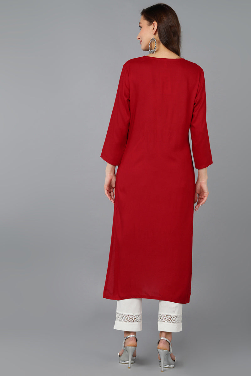 Vivaanta Fashion Red Viscose Rayon Solid Embroidered Straight Kurta VCK9063 - Dista