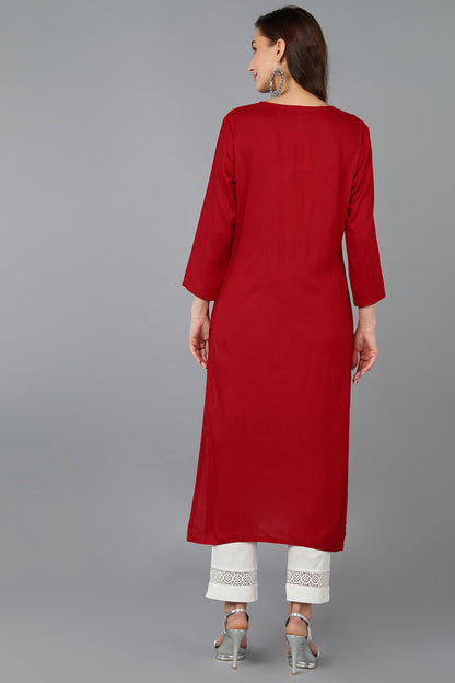 Vivaanta Fashion Red Viscose Rayon Solid Embroidered Straight Kurta VCK9063 - Dista