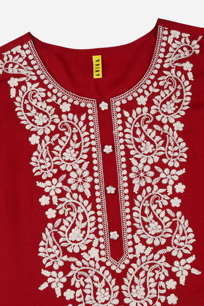 Vivaanta Fashion Red Viscose Rayon Solid Embroidered Straight Kurta VCK9063 - Dista
