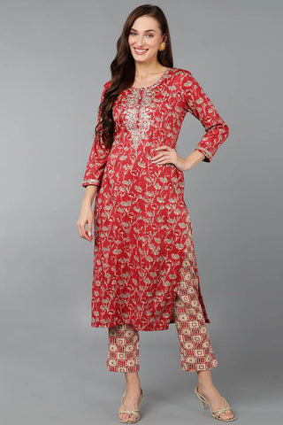 Ahika Red Silk Blend Floral Embroidered Straight Kurta - Distacart