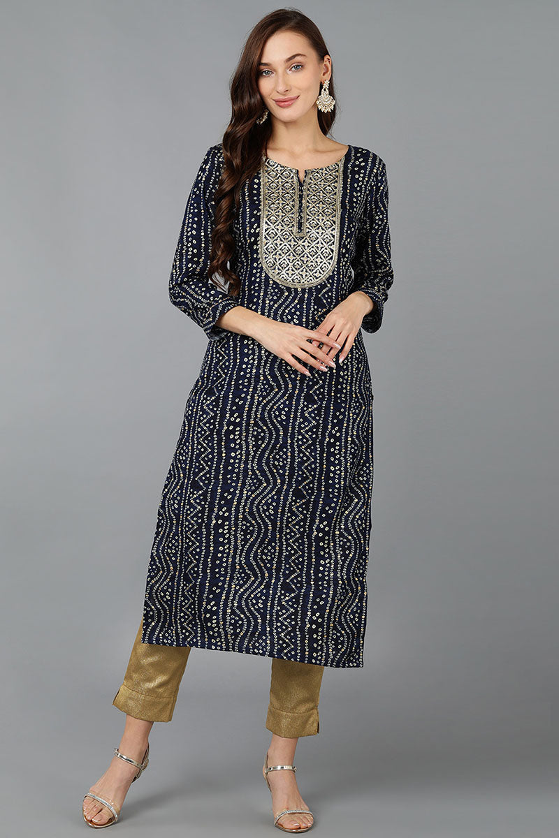 Vivaanta Fashion Navy Blue Viscose Rayon Bandhani Embroidered Straight Kurta VCK9077 - Dista