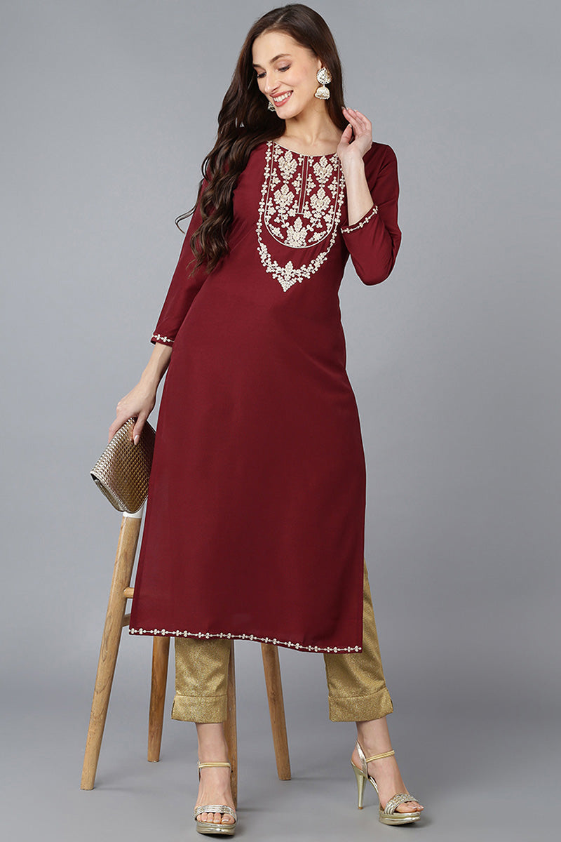 Vivaanta Fashion Maroon Silk Blend Solid Embroidered Straight Kurta VCK9081 - Dista