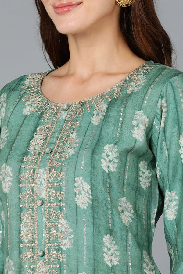 Ahika Green Silk Blend Geometric Embroidered Kurta - Distacart