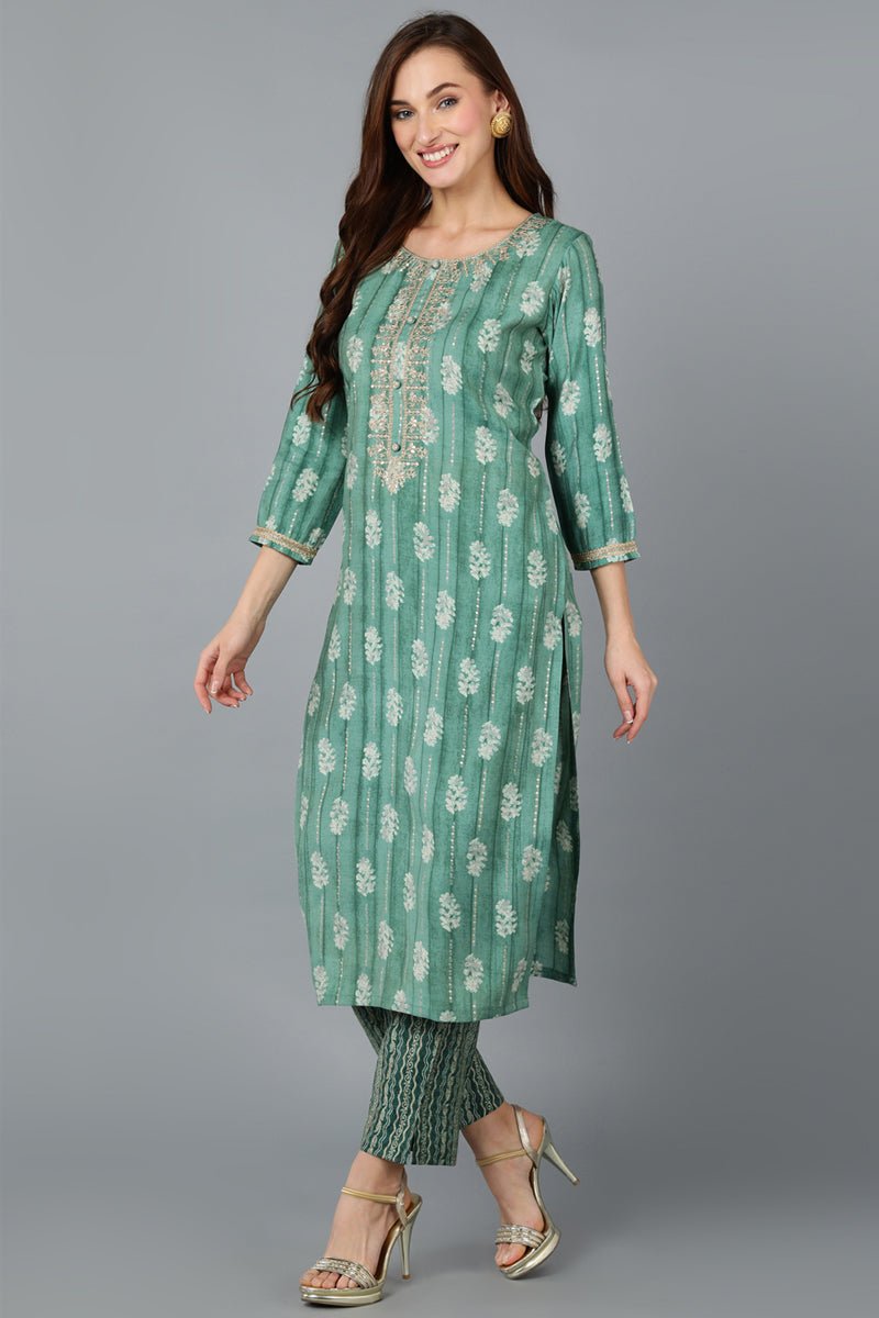 Ahika Green Silk Blend Geometric Embroidered Kurta - Distacart