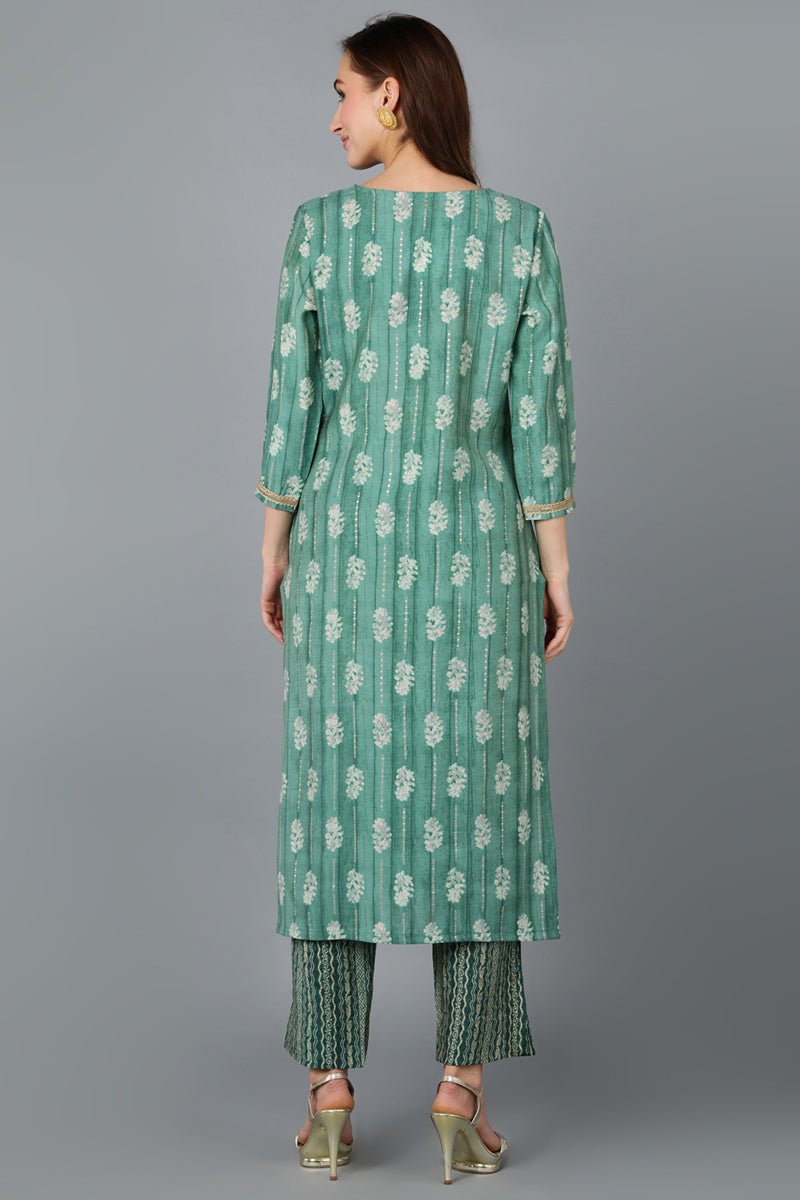Ahika Green Silk Blend Geometric Embroidered Kurta - Distacart