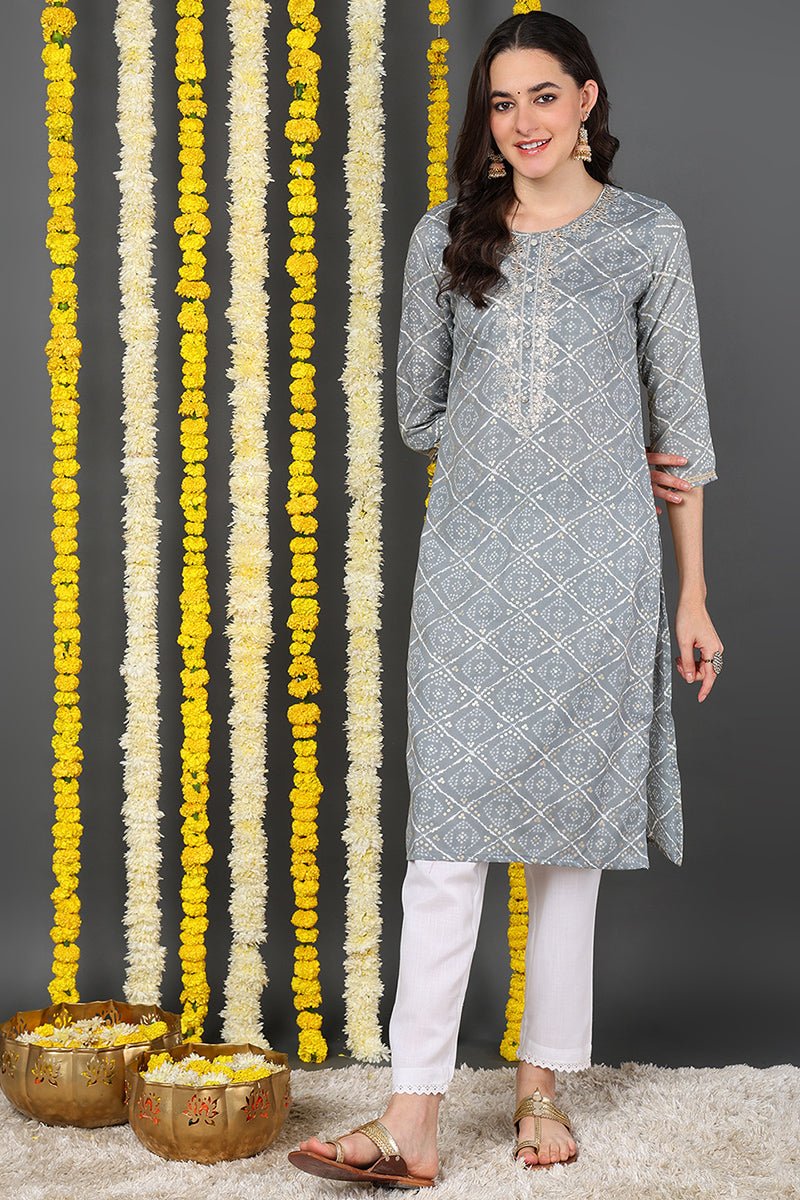 Ahika Grey Cotton Blend Bandhani Printed Straight Kurta