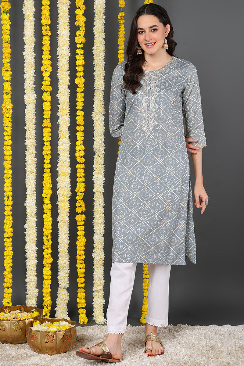 Ahika Grey Cotton Blend Bandhani Printed Straight Kurta VCK9088