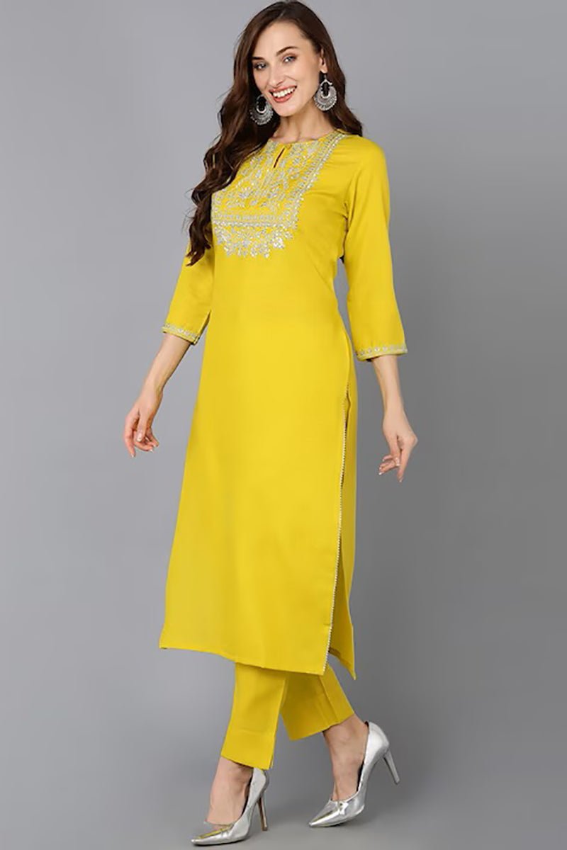 Ahika Yellow Viscose Rayon Solid Straight Kurta - Distacart