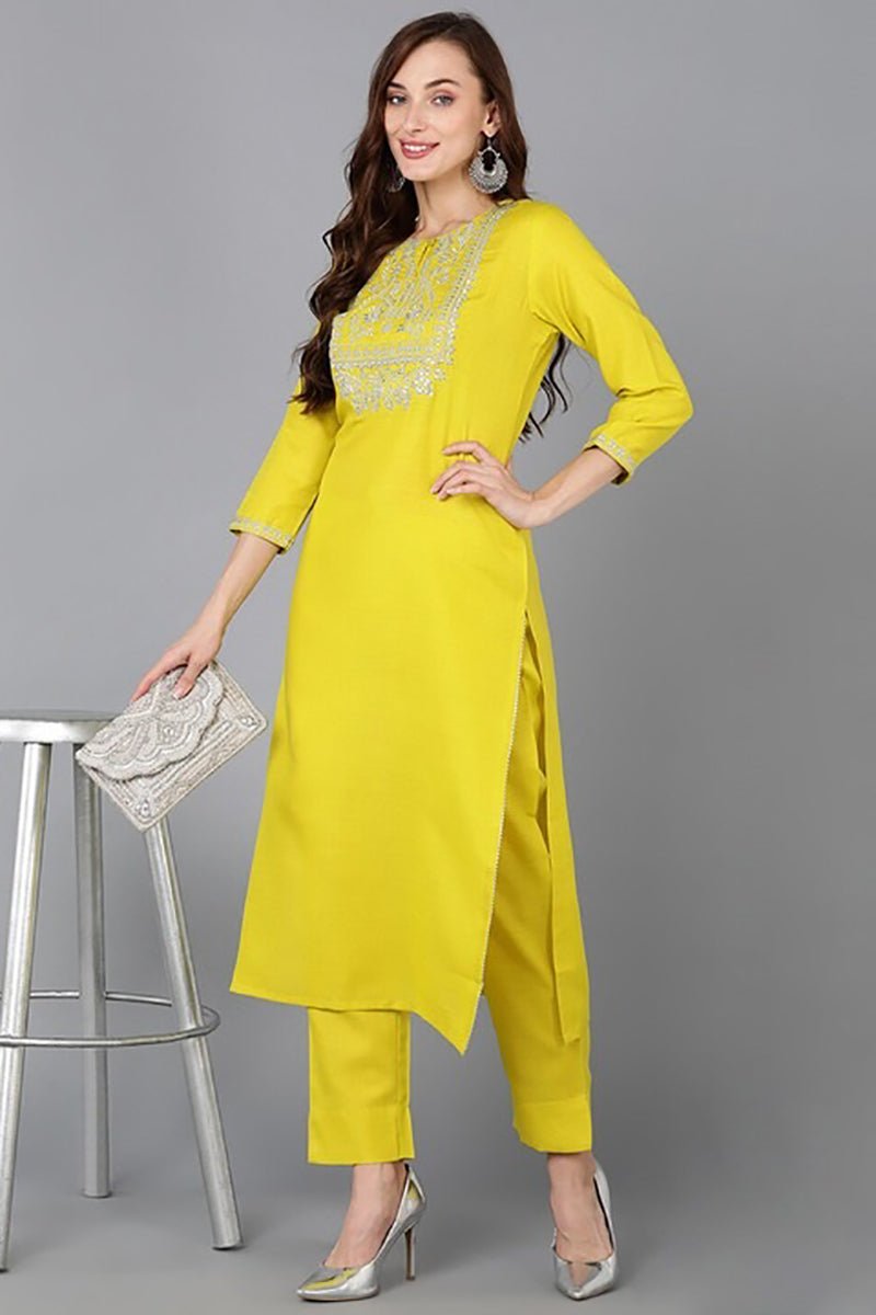 Ahika Yellow Viscose Rayon Solid Straight Kurta - Distacart