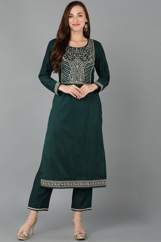 Ahika Green Silk Blend Straight Kurta - Distacart