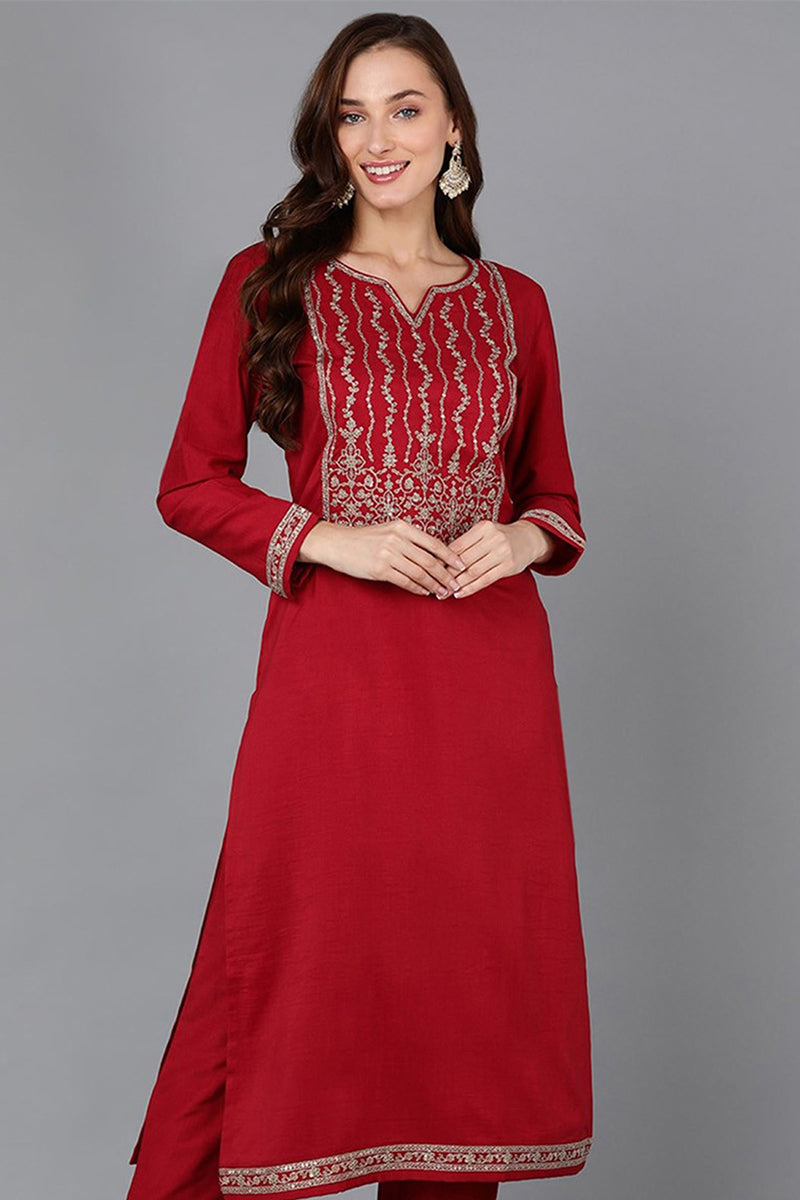 Vivaanta Fashion Red Silk Blend Straight Kurta VCK9116 - Dista