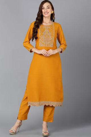 Ahika Mustard Silk Blend Solid Straight Kurta - Distacart