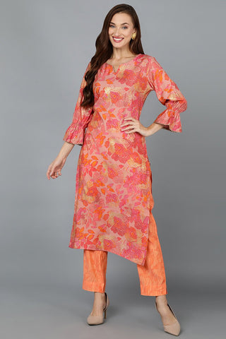 Ahika Peach Silk Blend Straight Kurtas - Distacart
