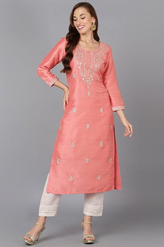 Ahika Pink Silk Blend Straight Kurtas - Distacart