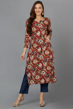 Thumbnail for Ahika Cotton Blend Maroon Floral Printed Straight Kurta - Distacart