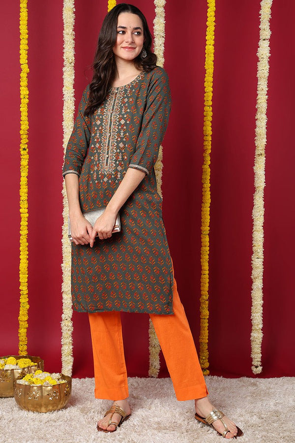 Ahika Olive Green Cotton Blend Floral Embroidered Straight Kurta