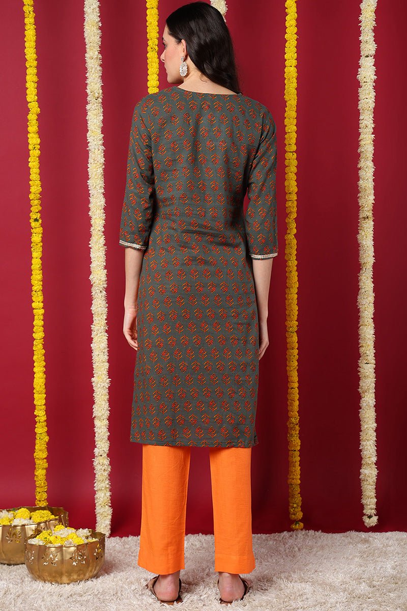 Ahika Olive Green Cotton Blend Floral Embroidered Straight Kurta