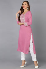 Thumbnail for Ahika Pink Rayon Embroidered Straight Kurta - Distacart