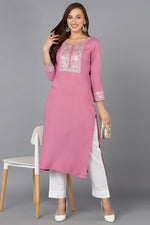 Thumbnail for Ahika Pink Rayon Embroidered Straight Kurta - Distacart