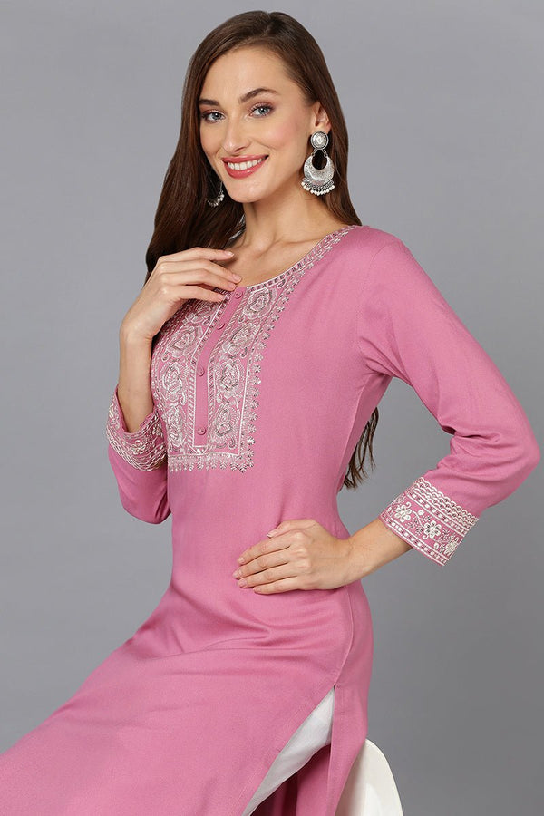 Ahika Pink Rayon Embroidered Straight Kurta - Distacart