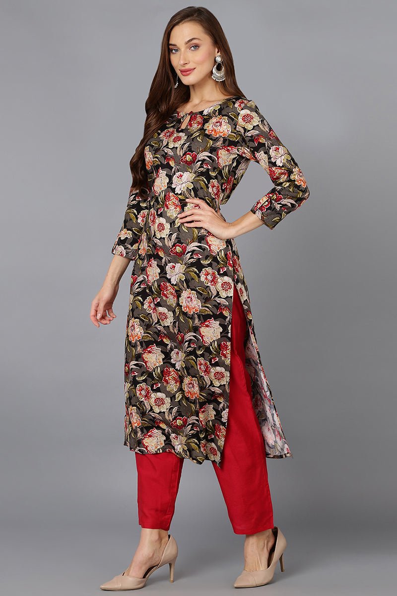 Ahika Cotton Blend Black Floral Printed Straight Kurta - Distacart