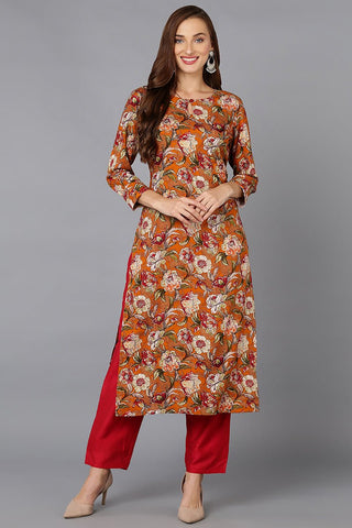 Ahika Cotton Blend Mustard Floral Printed Straight Kurta - Distacart