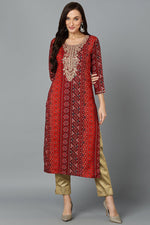 Thumbnail for Ahika Cotton Blend Maroon Printed Straight Kurta - Distacart