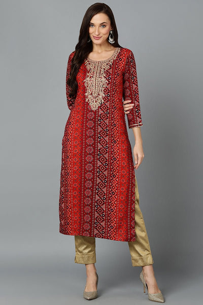 Ahika Cotton Blend Maroon Printed Straight Kurta - Distacart