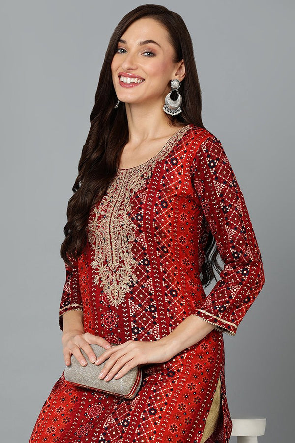 Ahika Cotton Blend Maroon Printed Straight Kurta - Distacart
