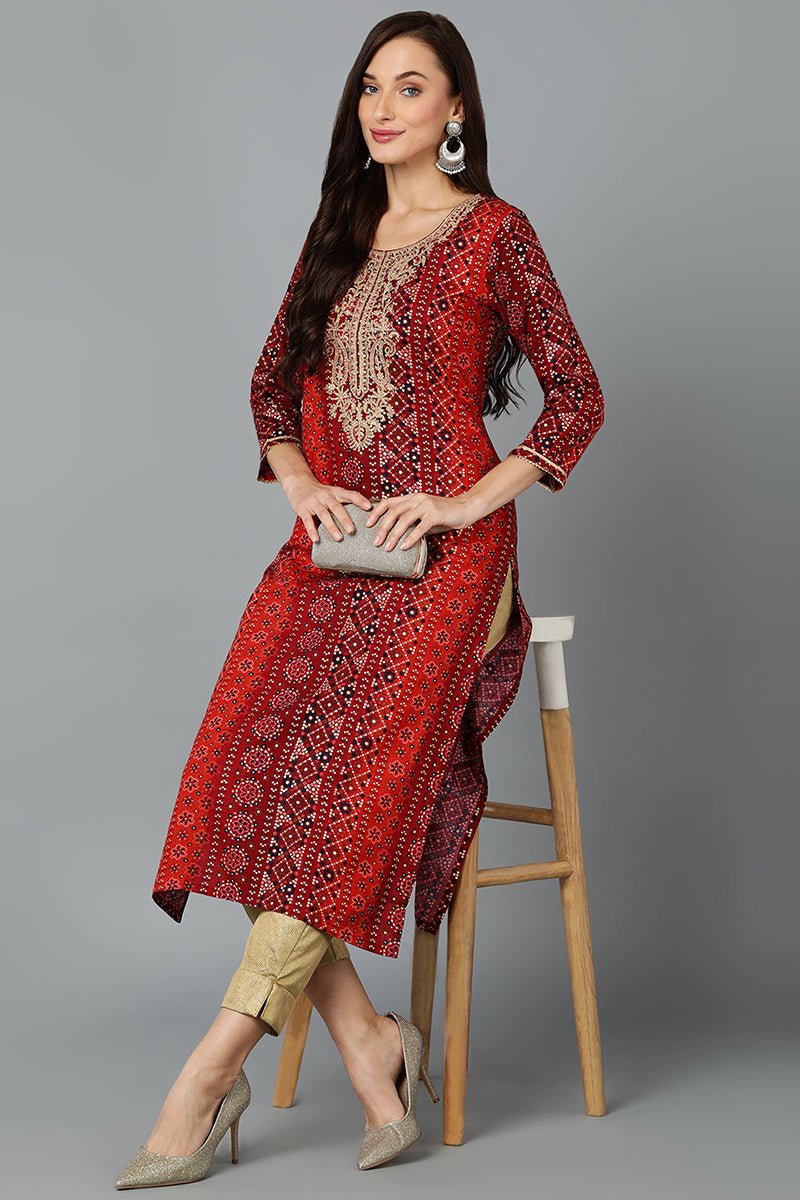 Ahika Cotton Blend Maroon Printed Straight Kurta - Distacart