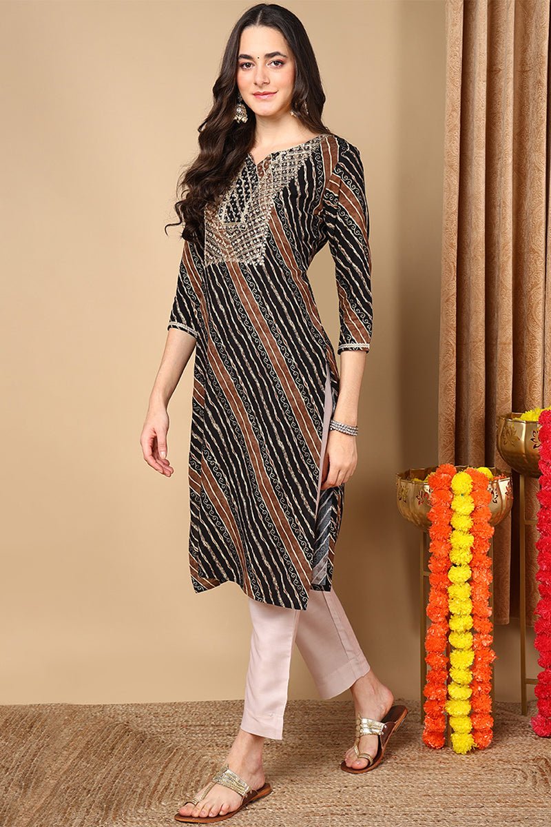 Ahika Black Viscose Rayon Leheriya Printed Straight Kurta