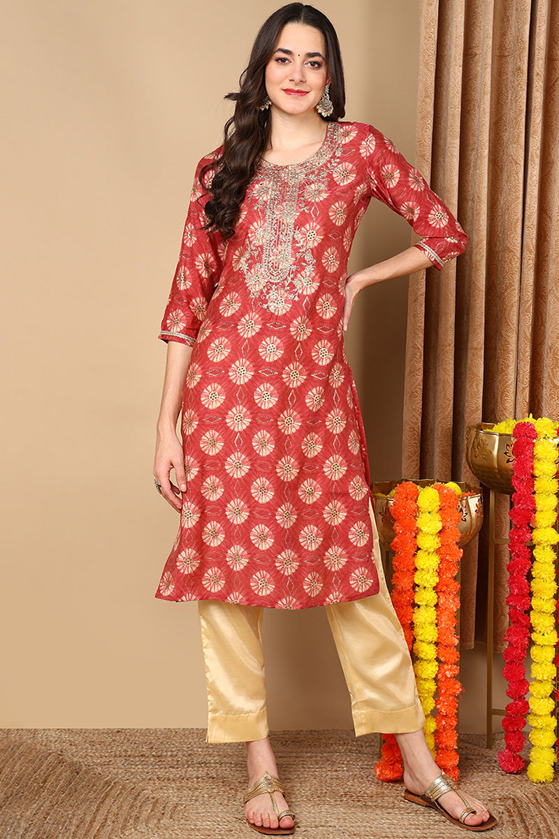 Ahika Rust Red Silk Blend Ethnic Motifs Printed Straight Kurta VCK9264