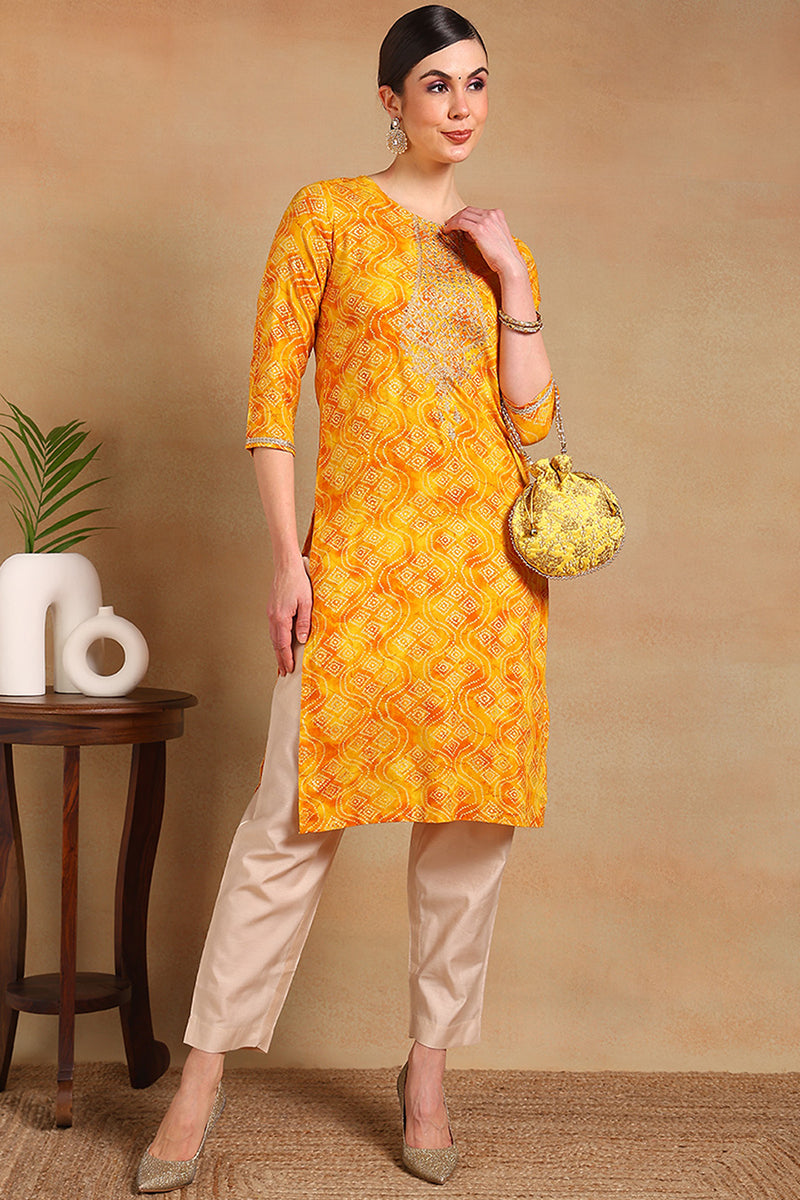 Ahika Yellow Viscose Rayon Bandhani Printed Straight Kurta VCK9265