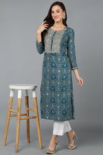 Thumbnail for Ahika Cotton Blend Teal Blue Printed Straight Kurta - Distacart