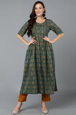 Thumbnail for Ahika Cotton Blend Green Paisley Printed Flared Kurta - Distacart