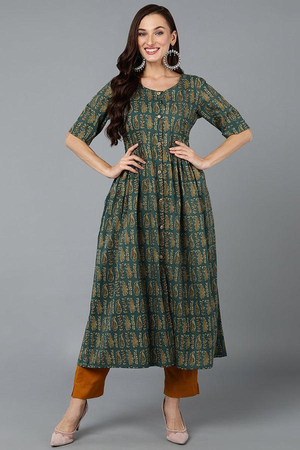 Ahika Cotton Blend Green Paisley Printed Flared Kurta - Distacart