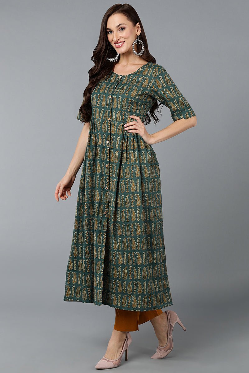 Ahika Cotton Blend Green Paisley Printed Flared Kurta - Distacart