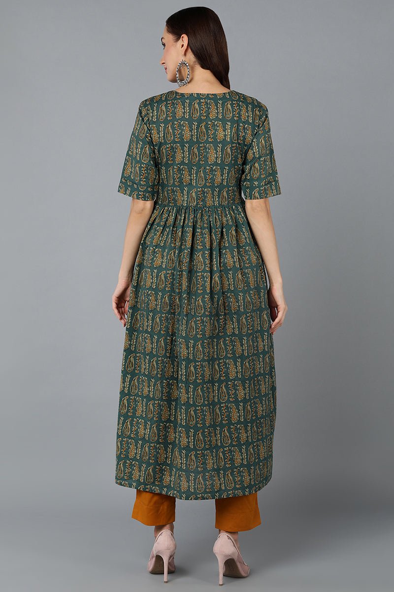 Ahika Cotton Blend Green Paisley Printed Flared Kurta - Distacart