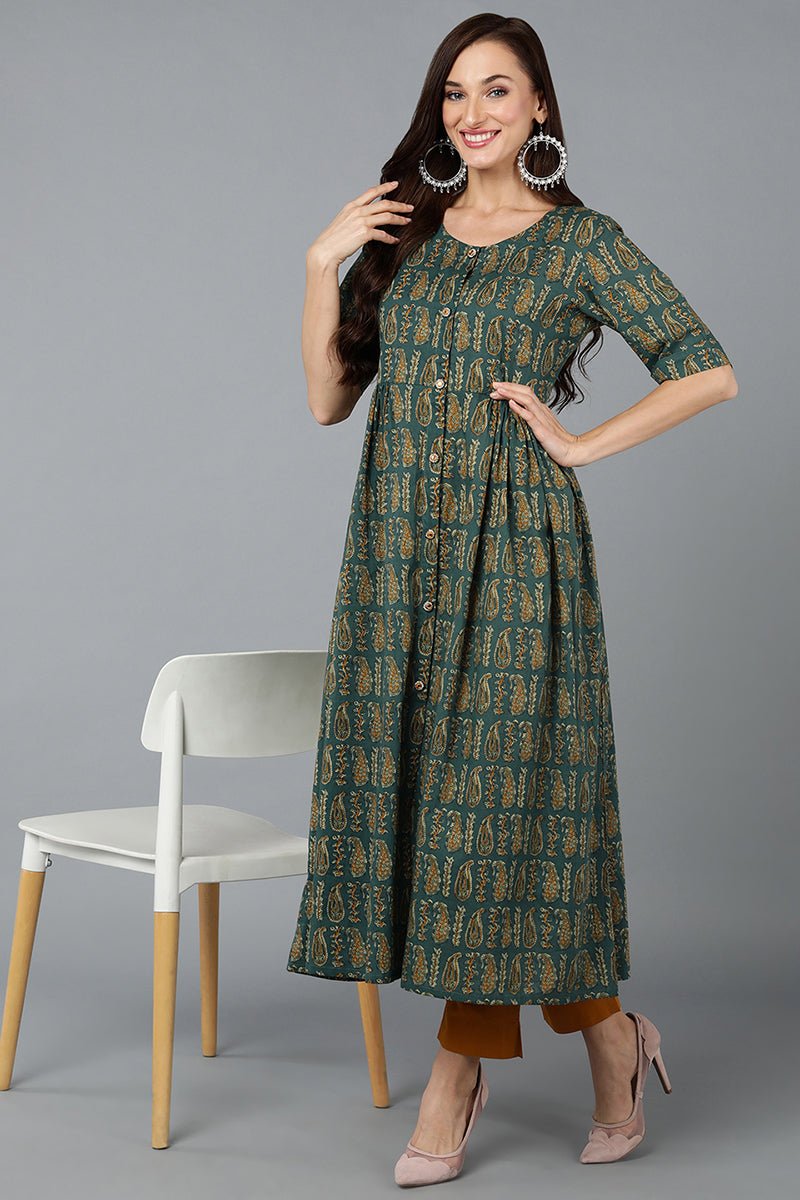 Ahika Cotton Blend Green Paisley Printed Flared Kurta - Distacart