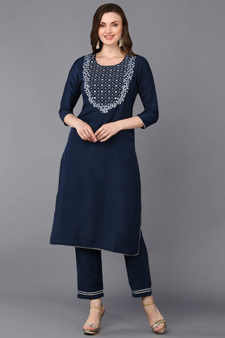 Ahika Navy Blue Silk Blend Embroidered Straight Kurta - Distacart